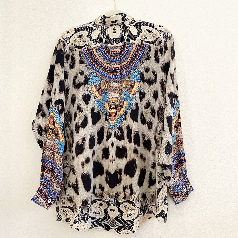 Moda Baronessa Button Up Blouse Multicolor‎ Animal Print 100% Silk Small Tunic - Picture 10 of 10